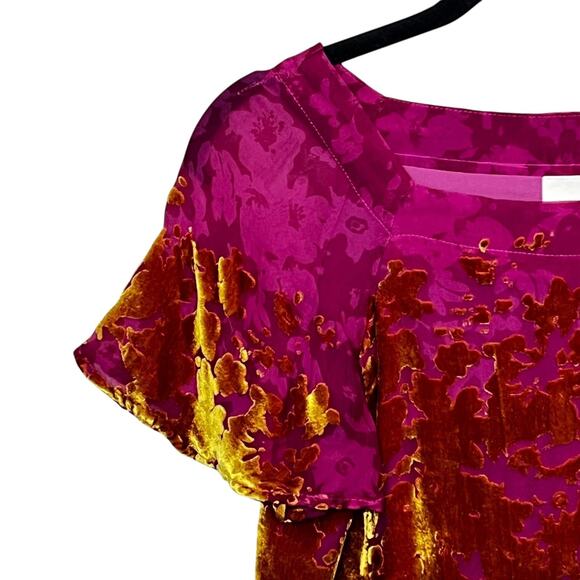 Maeve Anthropologie Velvet Burnout Blouse XS Pink‎ Gold Floral Sheer Silk Blend - Picture 5 of 11